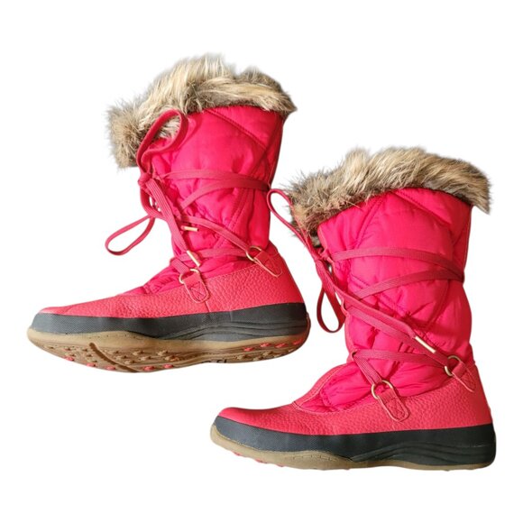 Lands End Faux Fur Trim Red Lace Up Winter Boots Women's 6.5B - Picture 7 of 12